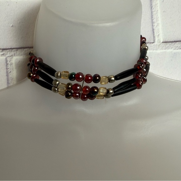 Vintage Handmade Beaded Multi- Strand Choker Necklace - Red, Gold & Black - Picture 3 of 9
